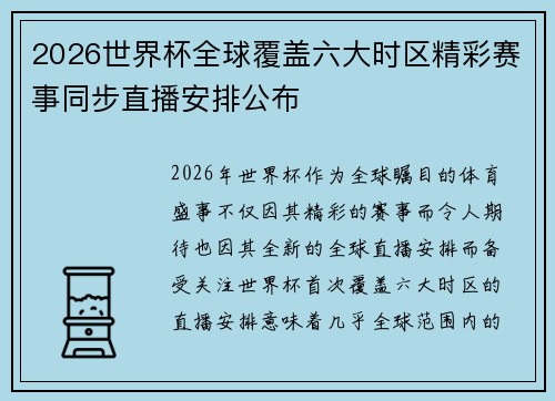 2026世界杯全球覆盖六大时区精彩赛事同步直播安排公布